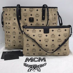 Authentic MCM Black & Tan Reversible Tote Set
